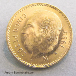 Mexiko 5 Pesos Cinco Goldmünze 1/2 Hidalgo 1955