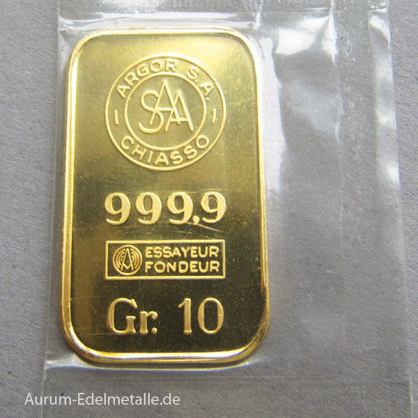 Goldbarren 10g Feingold 9999 Argor SAA Chiasso