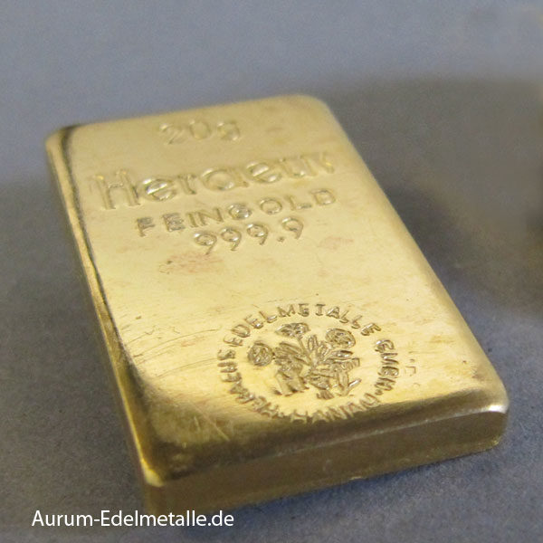 Goldbarren 20 Gramm Feingold 9999 Historisch Heraeus