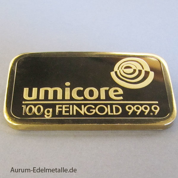 Goldbarren 100g Feingold 9999 Umicore - Belgischer Edelmetallkonzern