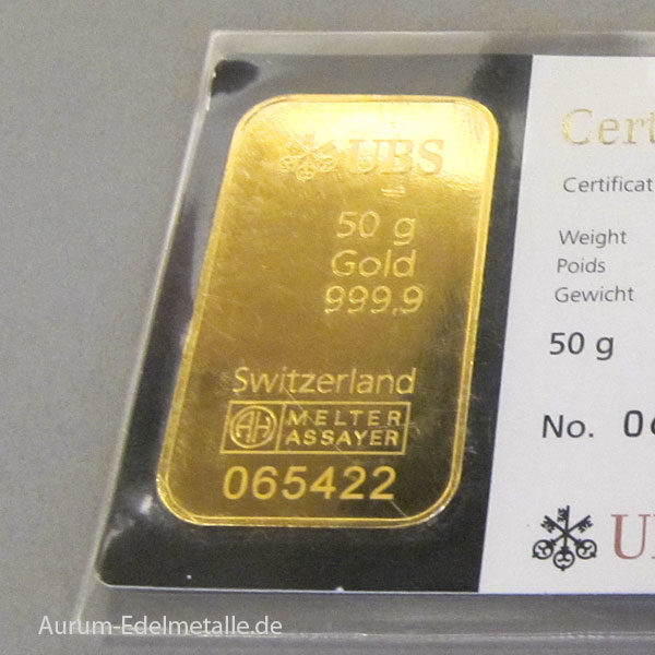 Schweiz Goldbarren 50g Feingold 9999 UBS