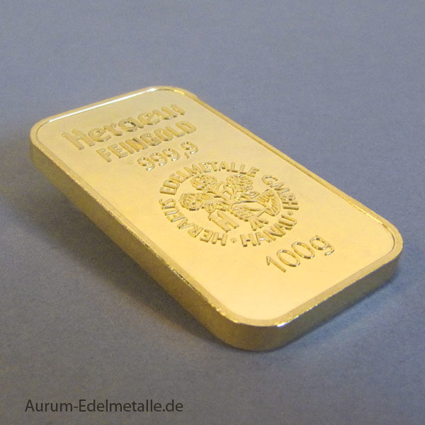 Goldbarren 100 Gramm Feingold 9999 Heraeus