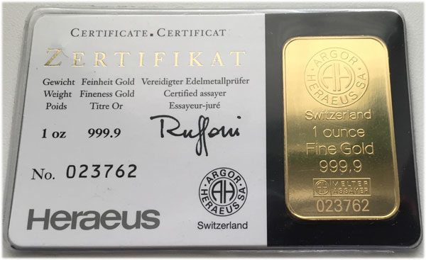 Goldbarren 1 oz Feingold 9999 KINEBAR TM - Schweiz - Argor-Heraeus