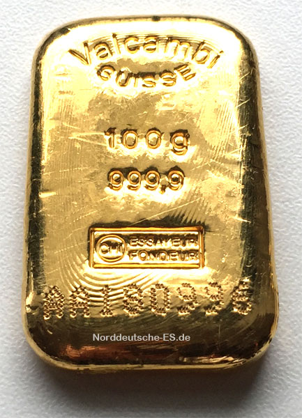 Goldbarren 100 Gramm Feingold 9999 Valcambi Schweiz - gegossen