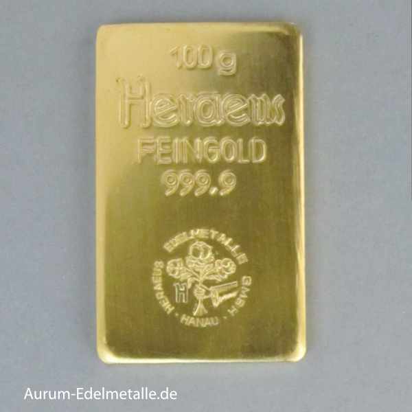 Goldbarren 100g Feingold 9999 Heraeus Hanau historisch 100 g Goldbarren
