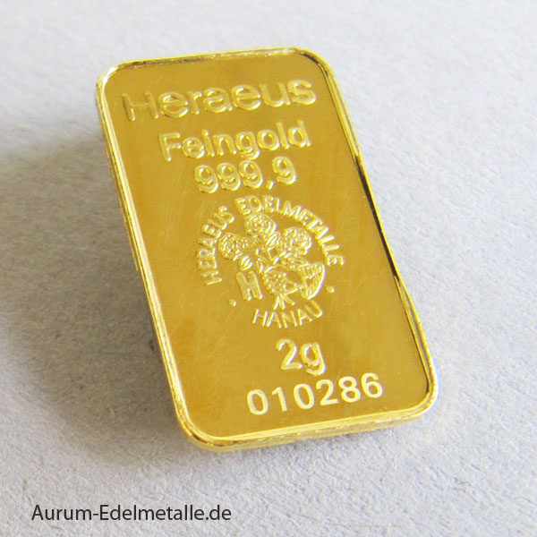 Goldbarren 2 g Kinebar Heraeus Hologramm Feingold 999.9‰