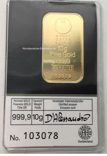 Goldbarren 10g Feingold 9999 KINEBAR TM - der Muenze Oesterreich