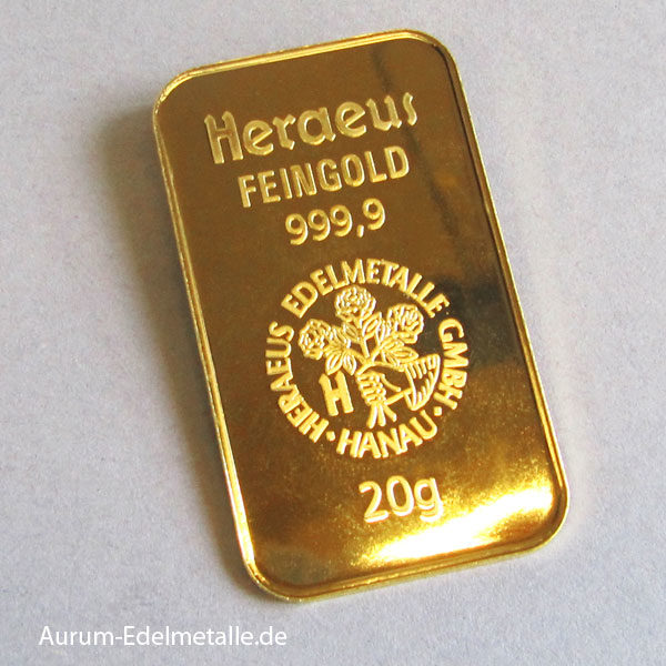 Goldbarren 20g Heraeus Feingold 9999