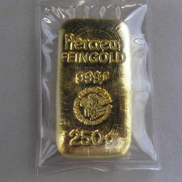 Goldbarren 250g Feingold 9999 Heraeus Hanau Gussbarren