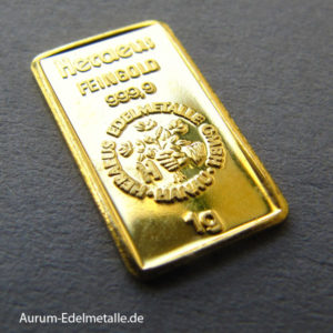 Goldbarren 1 Gramm Feingold 9999 Heraeus