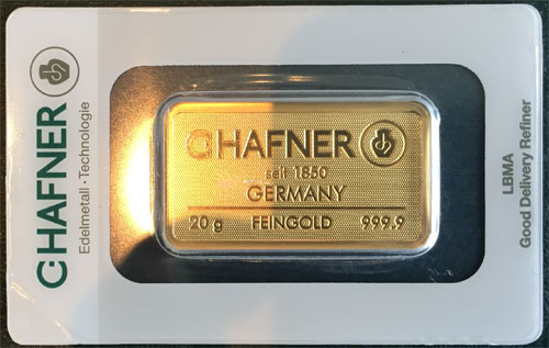 Goldbarren 20g Feingold 9999 Hafner Pforzheim CertiCard