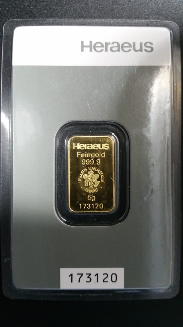 Goldbarren 5 Gramm Feingold 9999 Heraeus Holding Hanau