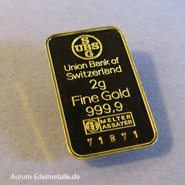 Goldbarren 2g Feingold 9999 UBS Schweiz