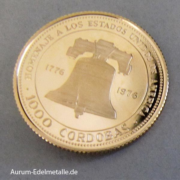 Nicaragua 1000 Cordoba Gold 1975 USA Bicentennial