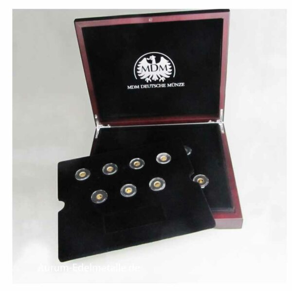 Die kleinsten Goldmünzen der Welt komplettes Set 14 x 0_5g mit Zertifikat in OVP Holzbox