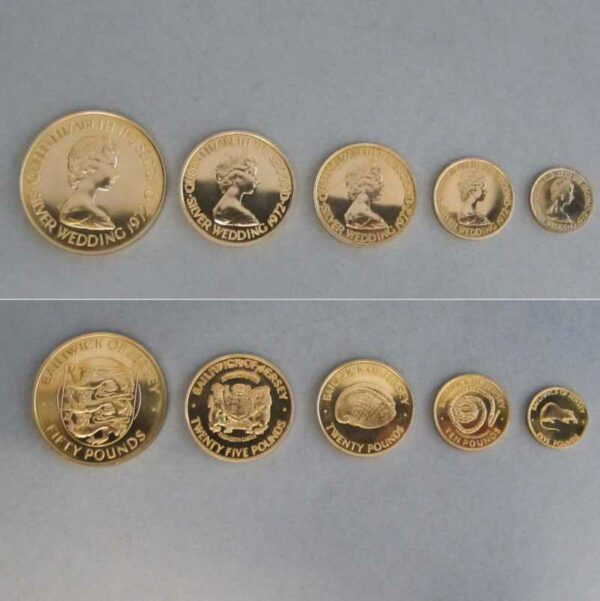 Jersey 50 25 20 10 und 5 Pounds Goldmünzen Set 1972 Silberhochzeit Elisabeth und Philip