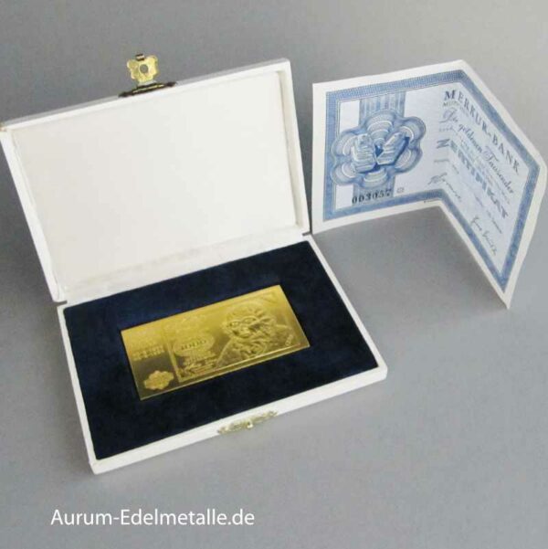 Deutschland 1968 Die goldenen Tausender 20 Jahre Deutsche Mark 1000 DM Banknote in 9999 Feingold
