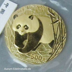 China Panda 1 Unze Feingold 500 Yuan 2002