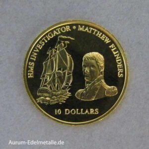 Fidschi 10 Dollars Goldmünze HMS Investigator Matthew Flinders 2002