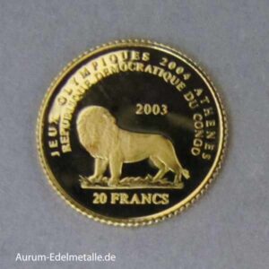 Afrika Kongo 20 Francs Olympische Spiele Goldmünze 1_25 oz Eule von Athen 2003