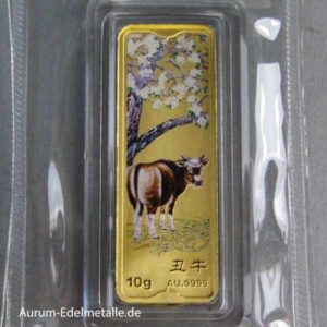 China Goldbarren 10 g CBAI Year of the Ox Teilkoloration Au 9999 Motivbarren