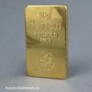 Goldbarren 50 Gramm Heraeus Feingold 9999 alter Goldbarren