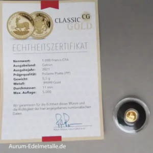 Gabun 1000 Francs 0,5g Goldmünze 60 Jahre Springbock 2021 PP Zertifikat