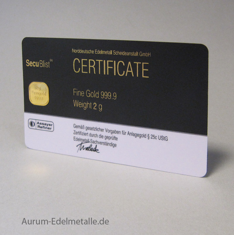 Goldbarren 2g-NES-Certificate